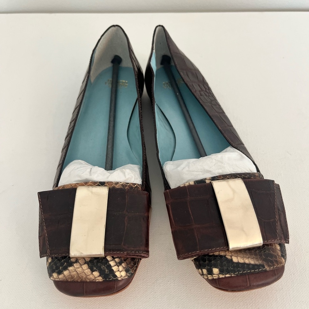 Frances Valentine Brown Croc-Embossed Leather Loafers with Snakeskin Accent